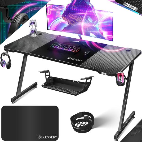 KESSER® Gaming Tisch LED | Z-Form Gamer Schreibtisch | Kopfhörerhaken & Kohlebeschichtung | Ergonomischer PC Computertisch | Stabiler Tisch mit Mauspad & Getränkehalter Schwarz Carbon, 160 x 60 cm