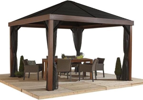 Sojag Aluminium Pavillon Valencia 1212 inkl. Moskitonetz Holzoptik | Braun | 363x363x310 cm