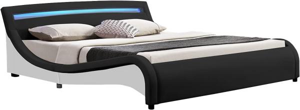 Juskys Polsterbett Malaga 180 x 200 cm – Bett mit Lattenrost & LED Beleuchtung im Kopfteil – Holz Bettgestell mit Kunstleder – Doppelbett schwarz