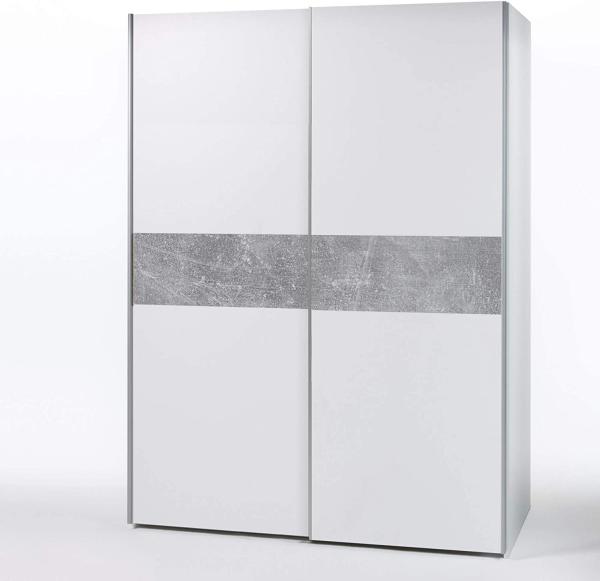 PULS Eleganter Kleiderschrank mit viel Stauraum - Vielseitiger Schwebetürenschrank in Weiß, Bauchbinde Beton - 170 x 195 x 58 cm (B/H/T)