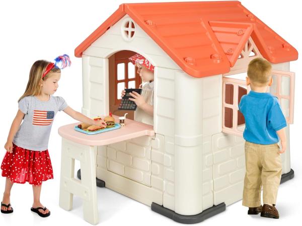 COSTWAY 164 x 124 x 132 cm Kinder Spielhaus mit Pickniktisch, Türen und Fenstern, Kinderhäuschen Outdoor inkl. Spielzeugset und Regenschutzhülle, ideal für Jungen und Mädchen (Rosa)