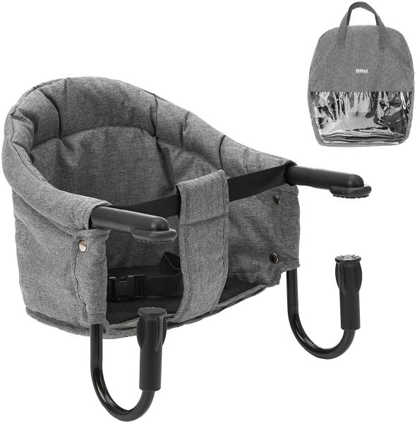 Fillikid Tischsitz Babysitz - faltbare Baby Sitzerhöhung/Booster Sitz mit Anti-Rutsch-Klemmen und Tragetasche - Kinder Reisehochstuhl für dicke Tischplatten - Grau
