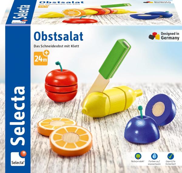 Selecta 62070 Obstsalat, Klett und Schneidespielzeug aus Holz, 11 Teile, Küchen-Spielzeugset