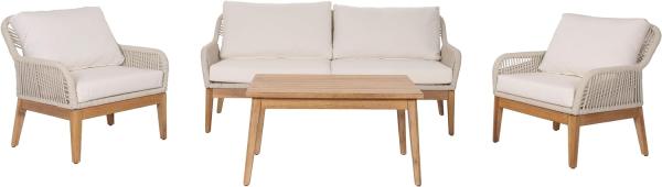 Gartengarnitur HWC-H56b, Lounge-Set Gartenlounge Sofa Sessel Tisch, Seilgeflecht Rope Holz Akazie ~ creme