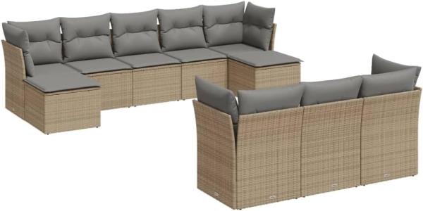 vidaXL 10-tlg. Garten-Sofagarnitur mit Kissen Beige Poly Rattan