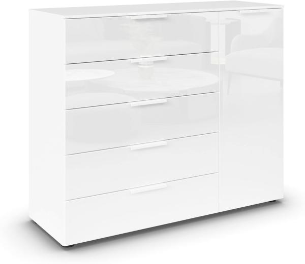 Rauch Möbel Flipp, Kombikommode, Kommode mit Stauraum für Wohnzimmer, Schlafzimmer, Flur, 2 Fachböden, Alpinweiß/Glasfront Weiß, 1-türig, 5 Schubkästen, Griffe weiß, 120x100x42cm