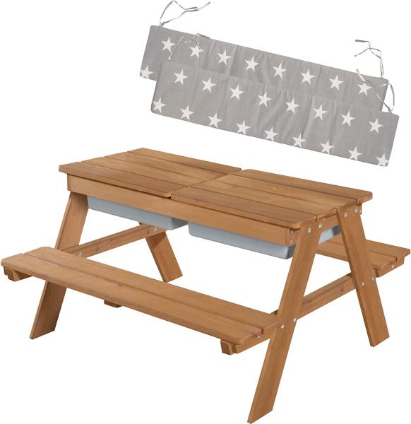 roba 'Picknick for 4, Outdoor +' Kindersitzgarnitur mit Spielwannen und Bankkissen, Massivholz teak, 89 x 50 x 85,5 cm