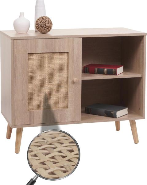 Kommode HWC-M39, Schrank Highboard, Staufach, Kubu Rattan Holz Melamin, 67x80x38cm Eiche-Optik