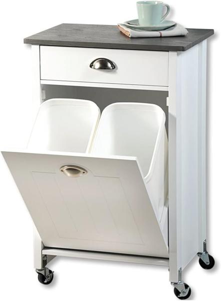 KESPER 2552713 Küchenwagen mit Mülltrennsystem, weiß lackiert, Abdeckplatte mit grauer Dekorfolie