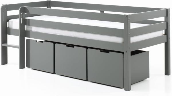 Kojen-Spielbett mit Liegefläche 90 x 200 cm, inkl. Leiter, Rolllattenrost und 3 Schubkästen, Kiefer und MDF grau lackiert