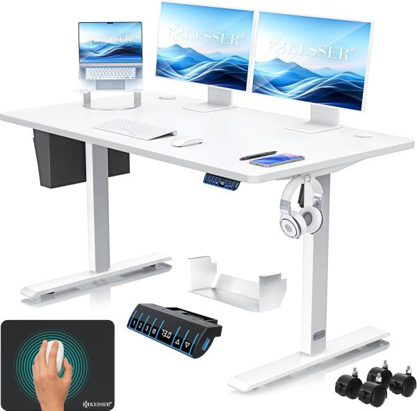 KESSER® Höhenverstellbarer Schreibtisch elektrisch | Ergonomisch Steh-Sitz Schreibtisch | 3-Funktions-Memory Steuerung | Inkl. 360° Rollen & USB-Ladeanschluss | Computertisch für Homeoffice Weiß, 140 x 70 cm