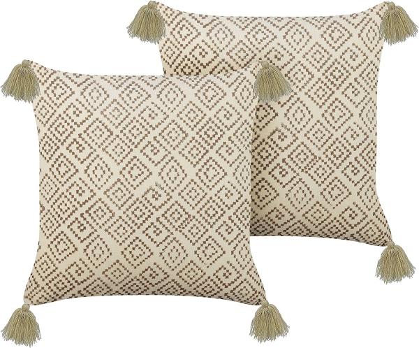 Kissen 2er Set Blockdruck Baumwolle Beige SANTOLINA 45 x 45 cm