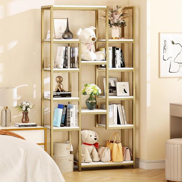 YITAHOME Bücherregal, Schwerlastregal mit 5 Ebenen, Aufbewahrungsschrank 30 x 100 x 180 cm, Bücherregal weiß für Büro, Wohnzimmer, Schlafzimmer, Golden und Weiß Bild 3