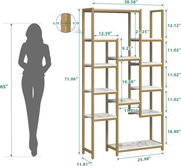 YITAHOME Bücherregal, Schwerlastregal mit 5 Ebenen, Aufbewahrungsschrank 30 x 100 x 180 cm, Bücherregal weiß für Büro, Wohnzimmer, Schlafzimmer, Golden und Weiß Bild 6