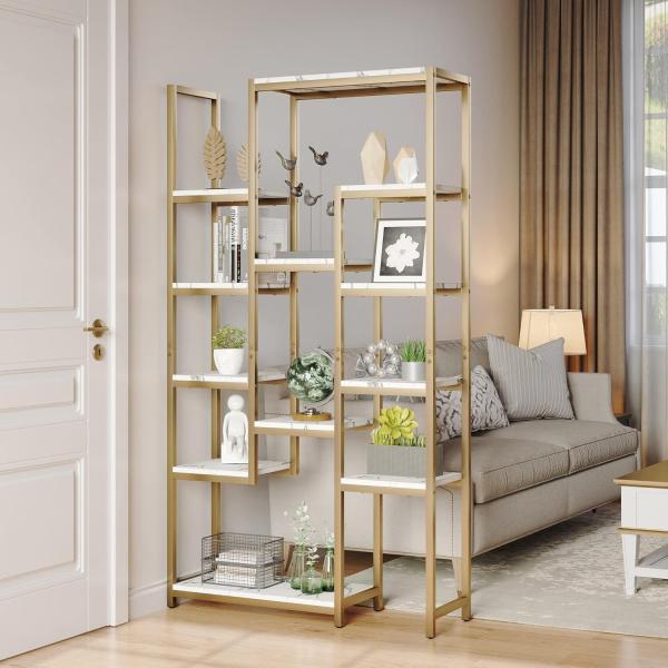 YITAHOME Bücherregal, Schwerlastregal mit 5 Ebenen, Aufbewahrungsschrank 30 x 100 x 180 cm, Bücherregal weiß für Büro, Wohnzimmer, Schlafzimmer, Golden und Weiß Bild 2