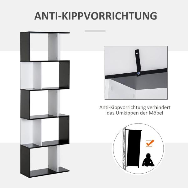 HOMCOM Bücherregal S-förmig Ausstellungsregal Standregal 5-stöckiger moderner Raumteiler Spanplatte Schwarz 60 x 24 x 184,5 cm Bild 6