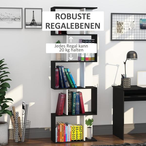 HOMCOM Bücherregal S-förmig Ausstellungsregal Standregal 5-stöckiger moderner Raumteiler Spanplatte Schwarz 60 x 24 x 184,5 cm Bild 5