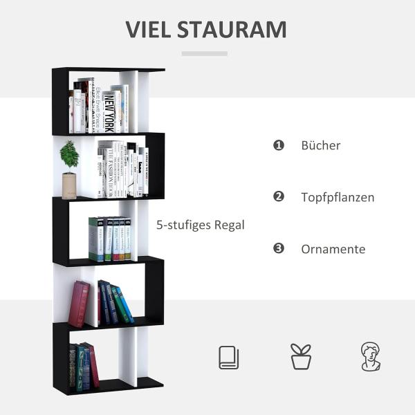 HOMCOM Bücherregal S-förmig Ausstellungsregal Standregal 5-stöckiger moderner Raumteiler Spanplatte Schwarz 60 x 24 x 184,5 cm Bild 4