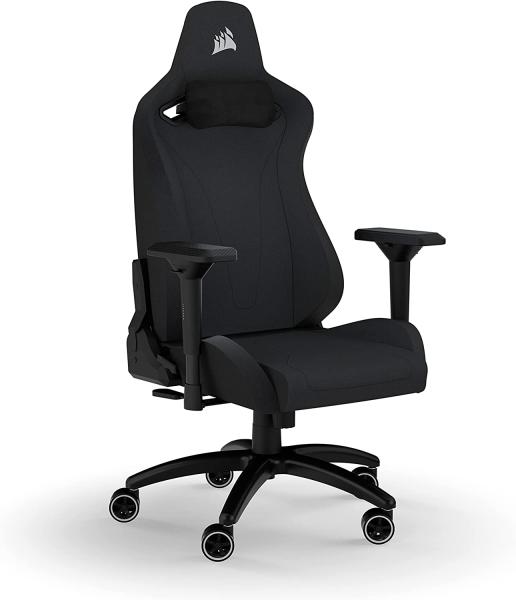 Corsair TC200 Gaming-Stuhl mit Stoffbezug, Standard Fit (Langanhaltenden Komfort, Bezug aus Weichem Stoff, Integrierte Lendenstütze aus Schaumstoff, 4D-Armlehnen) Schwarz/Schwarz