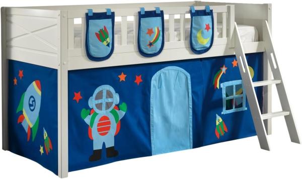 SCOTT Spielbett, LF 90 x 200 cm, mit Rolllattenrost, Leiter und Textilset Vorhang und 3 Taschen "Astro"