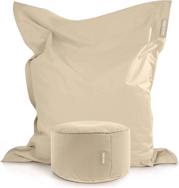 Green Bean© 2er Set XXL Sitzsack "Square+Stay" inkl. Pouf fertig befüllt mit EPS-Perlen - Riesensitzsack 140x180 Liege-Kissen Bean-Bag Chair Beige