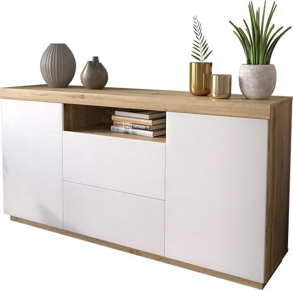 Domando Sideboard Ravello M1 Modern für Wohnzimmer Breite 164cm, Push-to-open-System in Wotan Eiche und Weiß Matt