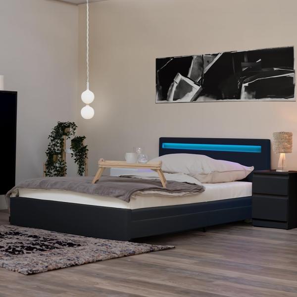 Home Deluxe - LED Bett NUBE - Dunkelgrau, 180 x 200 cm - inkl. Matratze, Lattenrost und Schubladen I Polsterbett Design Bett inkl. Beleuchtung