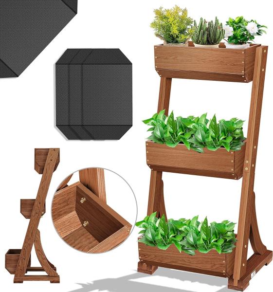 KESSER® Hochbeet mit Etagen Premium Blumenkasten Blumentreppe Pflanztreppe - Gemüsebeet Kräuterbeet Pflanzkübel Frühbeet Blumenbeet Pflanzkasten inkl. Gartenvlies- Beet für Terrasse Balkon & Garten Braun, 3 Etagen