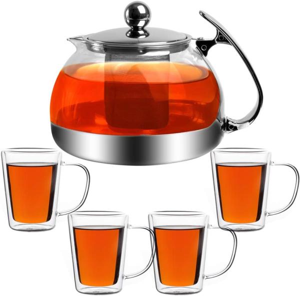 Monzana Teekanne mit Teesieb aus Edelstahl / Glas 1,2 L + 4er Set Teegläser