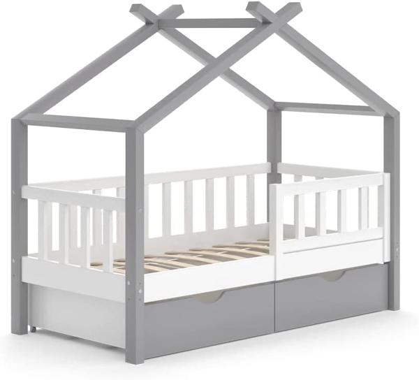 VitaliSpa Kinderbett Hausbett Einzelbett Design Weiß Grau modern 70x140 cm Kinderzimmer Bett Massivholz Lattenrost Schublade, mit Rausfallschutz Schubladenbett