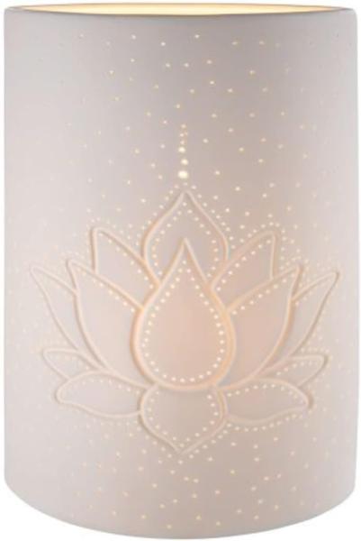 GILDE Porzellan Lampe Tischlampe Dekolampe - Lotus Blume - Standlampe mit Lochmuster - Farbe: Weiss - Höhe 28 cm
