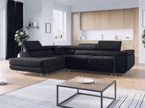 Ecksofa L-Form Couch mit Schlaffunktion und Verstellbare Kopfstützen - GUSTAW - Graphitgrau Velours - Links