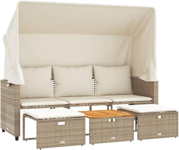 Outdoor-Sofa 3-Sitzer mit Dach und Hockern Beige Poly Rattan 365455