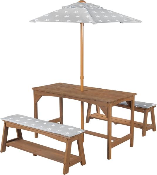 roba 'Outdoor +' Sitzgruppe aus 2 Bänken und 1 Tisch inkl. Sitzkissen 'Little Stars' und Schirm, Massivholz teak, 106,5 x 57,5 x 48 cm