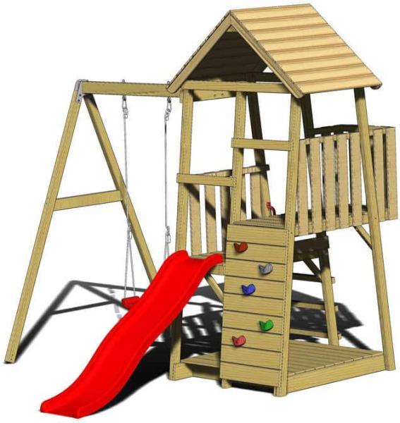 Wendi Toys Holz Spielturm Panda | inkl. Rutsche, Kletterwand und Schaukel | Natur | 290x270x270 cm