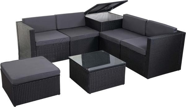 Poly-Rattan-Garnitur HWC-D21, Balkon-/Garten-/Lounge-Set Sofa Sitzgruppe, Box Staufach ~ anthrazit, Kissen dunkelgrau