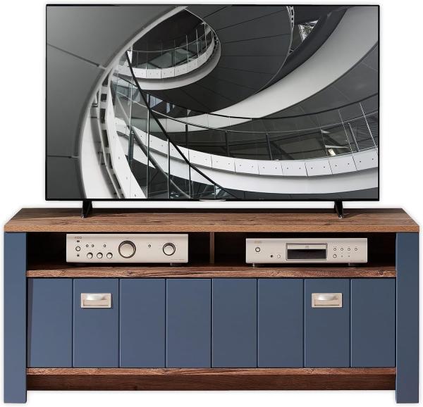 DIJON TV-Lowboard in Parisian Blue, Haveleiche Cognac Optik - Moderner TV Schrank mit viel Stauraum für Ihr Wohnzimmer - 147 x 63 x 45 cm (B/H/T)