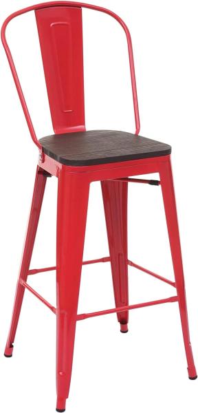 Barhocker HWC-A73 inkl. Holz-Sitzfläche, Barstuhl Tresenhocker mit Lehne, Metall Industriedesign ~ rot