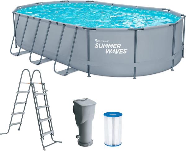 Summer Waves Active Frame Pool | Aufstellpool oval | inkl. Zubehör | Grau | 610x366x122 cm