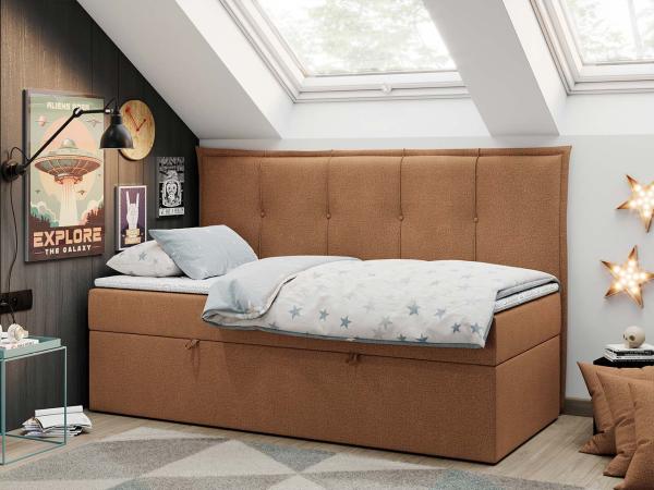 Kinderbett BANCO, Boxspringbetten für Kinderzimmer, Jugendbett, Einzelbett mit Matratze - Orange Stoff - Topper Visco