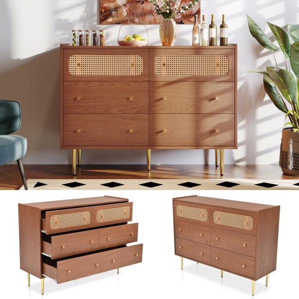 Merax Kommode, Holz Sidebaord mit 6 Schubladen, Rattan geflecht, Highboard, Metallbeine, B:120cm