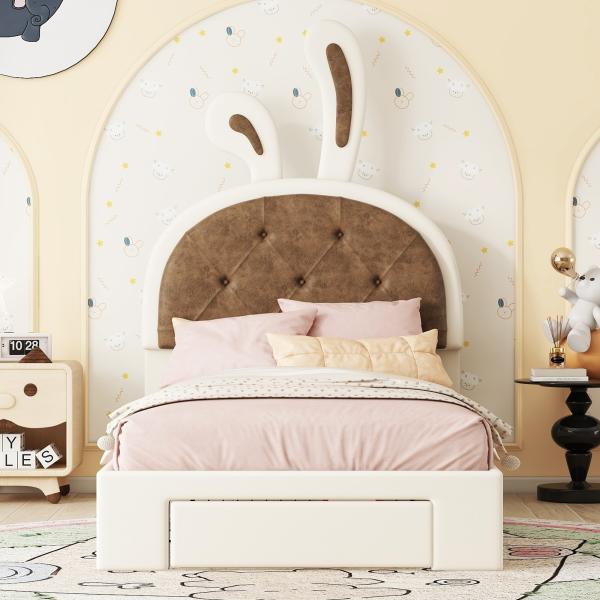 Merax 90*200cm Einzelbett, Kinderbett, Polsterbett, Cartoon Hasenform, Bettkasten, PU Material, beige