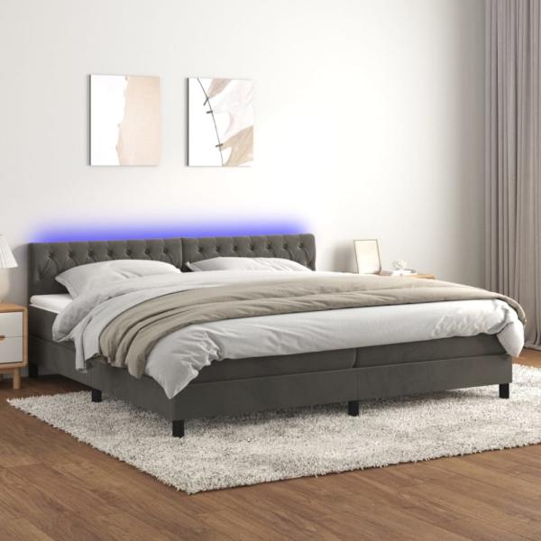 vidaXL Boxspringbett mit Matratze & LED Dunkelgrau 200x200 cm Samt, Härtegrad: H2 [3134604]