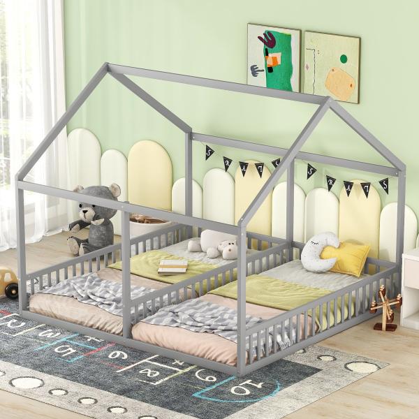 Merax 90 x 200 Kinderbett, Einzelbetten, flache Betten, Hausmodelle, 2-in-1-Betten, Grau