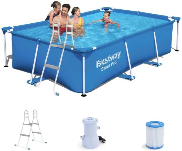 BESTWAY 56403 Steel Frame Swimmingpool mit Leiter Pumpe rechteckig 259x170x61cm