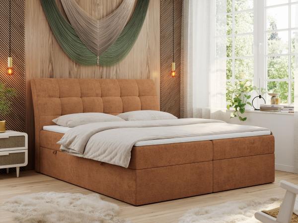 Boxspringbett Polsterbett mit Multipocket-Matratze und Topper - DIEGOS - 120x200cm - Orange Stoff - H3