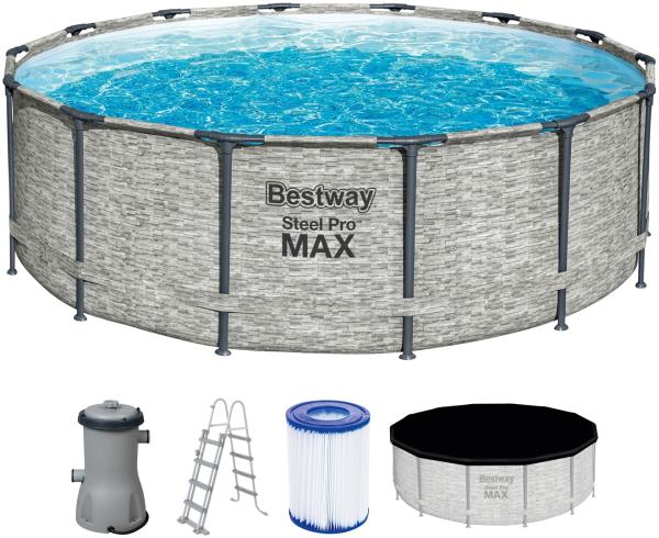 Steel Pro MAX™ Frame Pool Komplett-Set mit Filterpumpe Ø 427 x 122 cm, Steinwand-Optik (Cremegrau), rund