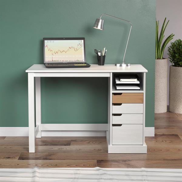 Schreibtisch >Medford< in Pine Weiß Honig aus Massivholz - 108x75x55cm (BxHxT)