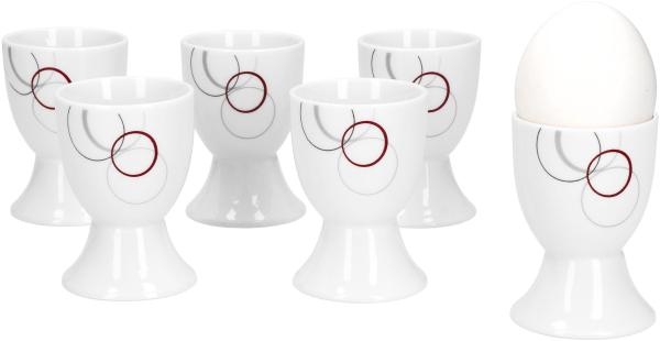 6er Set Eierbecher Palazzo 4,8cm - aus weißem Porzellan mit Dekor-Kreisen in grau und dunkelrot