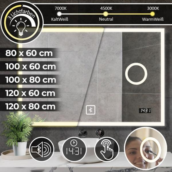 Aquamarin® Badspiegel mit LED Beleuchtung - EEK A++, Touchschalter, Dimmbar, Digitaluhr & Bluetooth, 100 x 60 cm